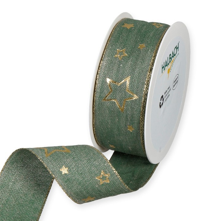 Leinen-Druckband Sterne 40 mm 15m grün/gold 32