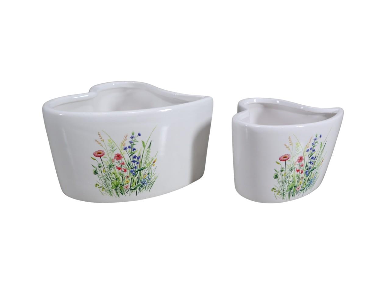Pflanzherz Keramik Set/2 Blumenwiese D8x7/D11x7 cm weiß