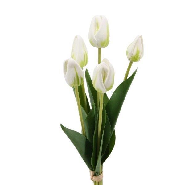 Tulpe 5 Blüten Foam m. Bast gebündelt 40cm weiss-grün