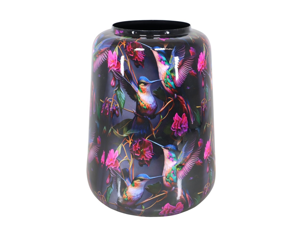 Vase Metall- Emaille Blumen-Vogelmotiv schwarz D31xH48cm