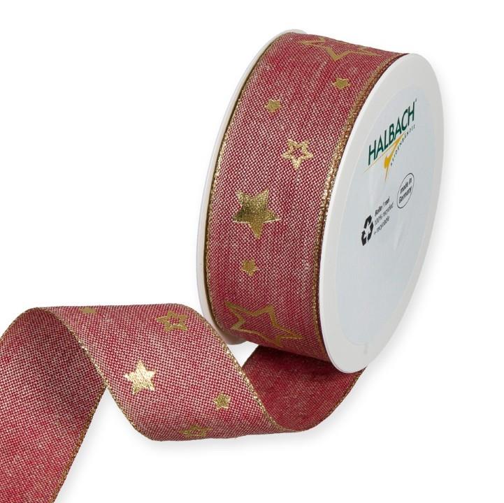 Leinen-Druckband Sterne 40 mm 15m rot/gold 65