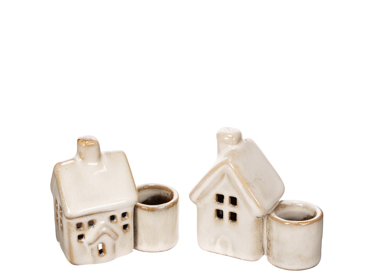 Stabkerzenhalter m. Haus sort. Keramik creme H7x7 cm