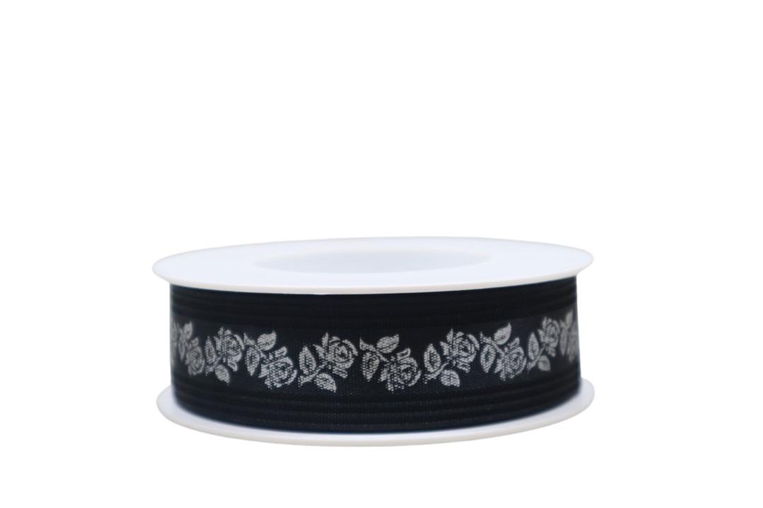 Trauerband Rose schwarz/silber 25 mm 25 Meter Trauerband Rose schwarz/silber 25 mm 25 Meter