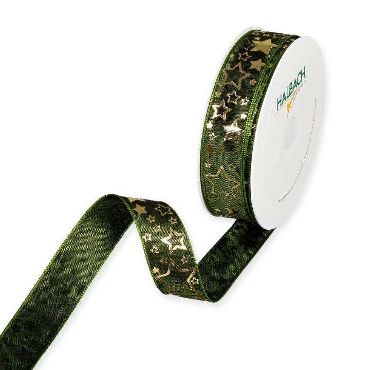 Druckband Sterne 25 mm 25 Meter dark green/gold 548