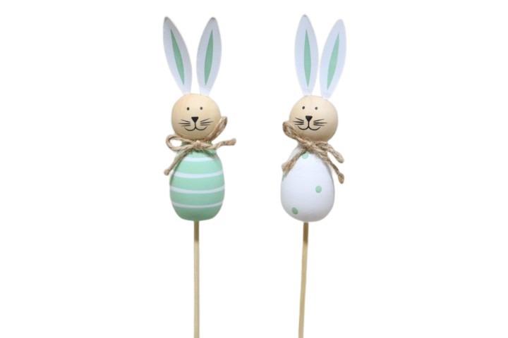 Stecker Hasen grün-weiß sortiert Holz L34cm