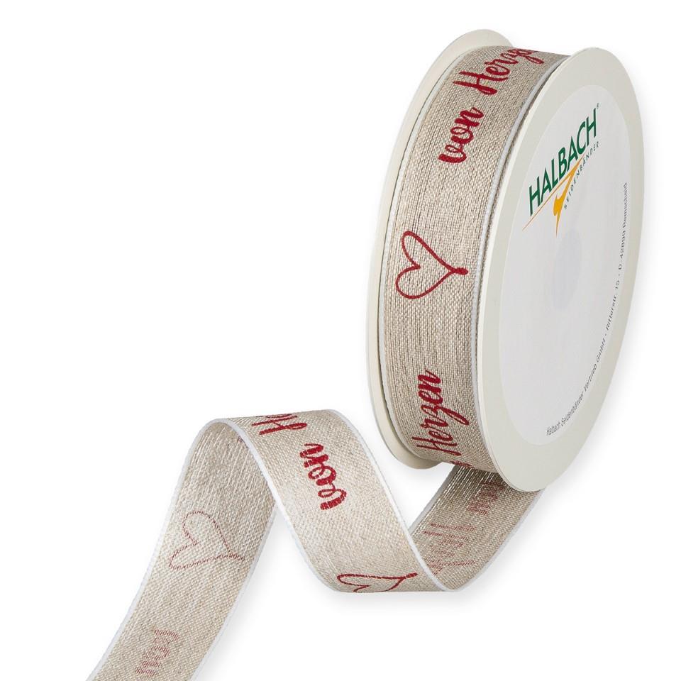 Leinen Druckband von Herzen 25 mm 15 Meter natur-red 65