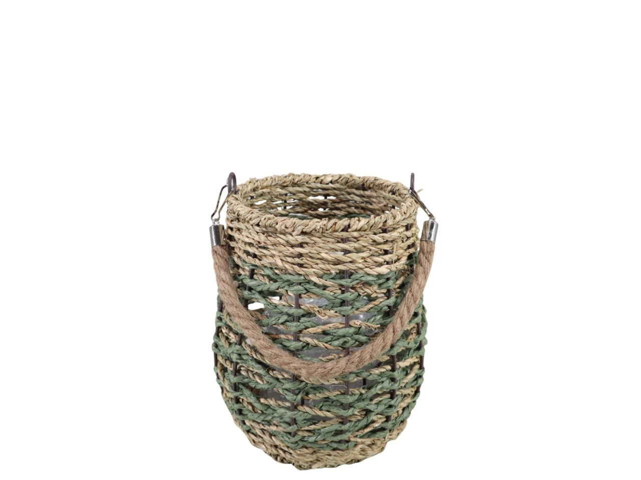 Windlicht m. Seilhenkel Seegras inkl. Glas grün-natur H22cm