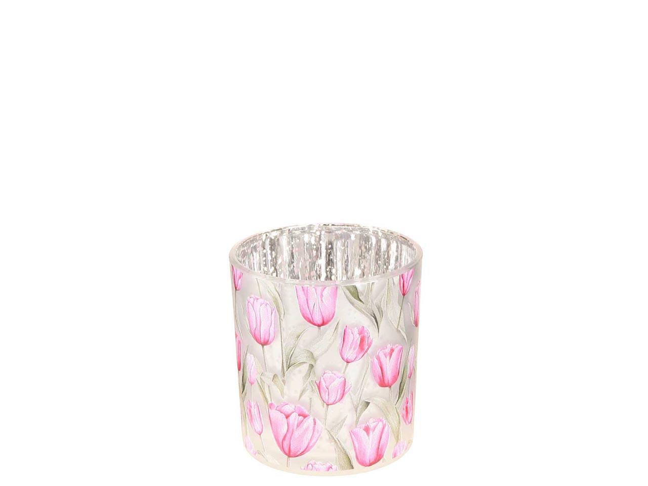 Windlicht m. Tulpen Glas rosa-silber D7,3cm H8cm