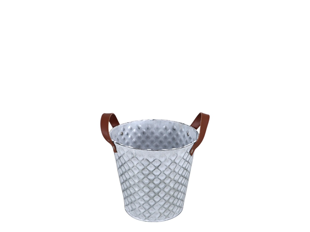 Übertopf Raute Metall m. Lederhenkel white-washed D16cm