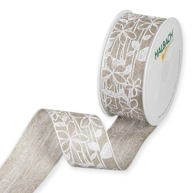 Leinen-Druckband Blumen 40 mm 12 Meter natural/white 11
