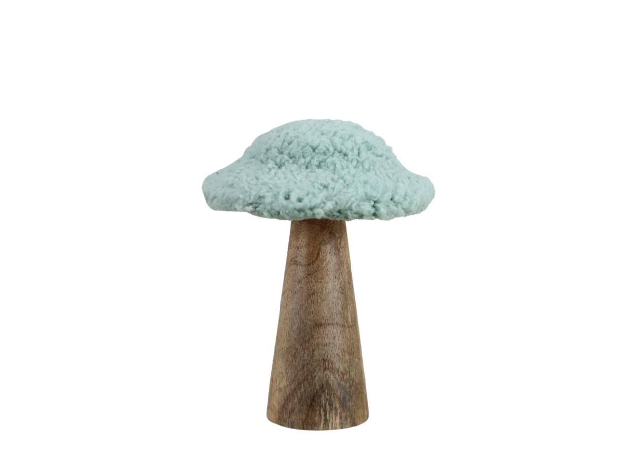 Pilz Holz natur m. Teddyfellhut softgrün H13cm