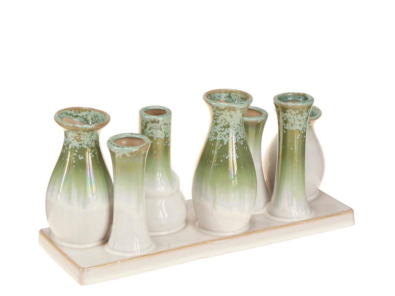 Vasentablett Keramik 7-fach weiß-grün L26xH12,5cm