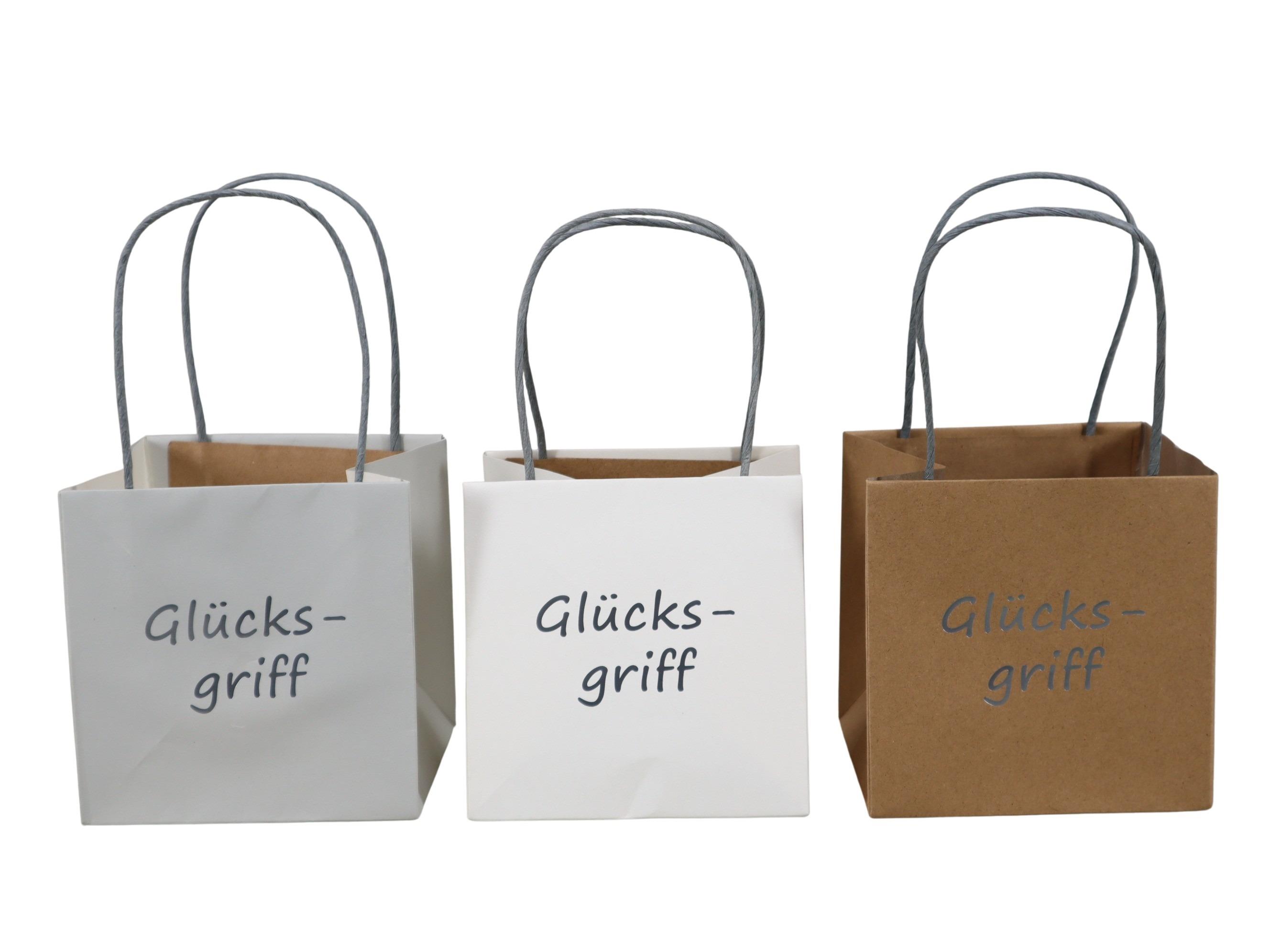 Tasche "Glücksgriff" Papier wasserab. natur-grau-weiß D12cm