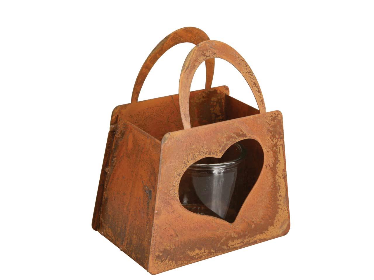 Tasche m. Herz und Glaswindlicht Metall rost L21xH25,5cm Tasche m. Herz und Glaswindlicht Metall rost L21xH25,5cm