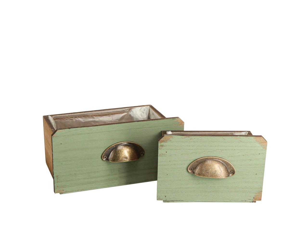 Schubladen rechteck m. Griff Set/2 Holz antikgrün L32+28cm