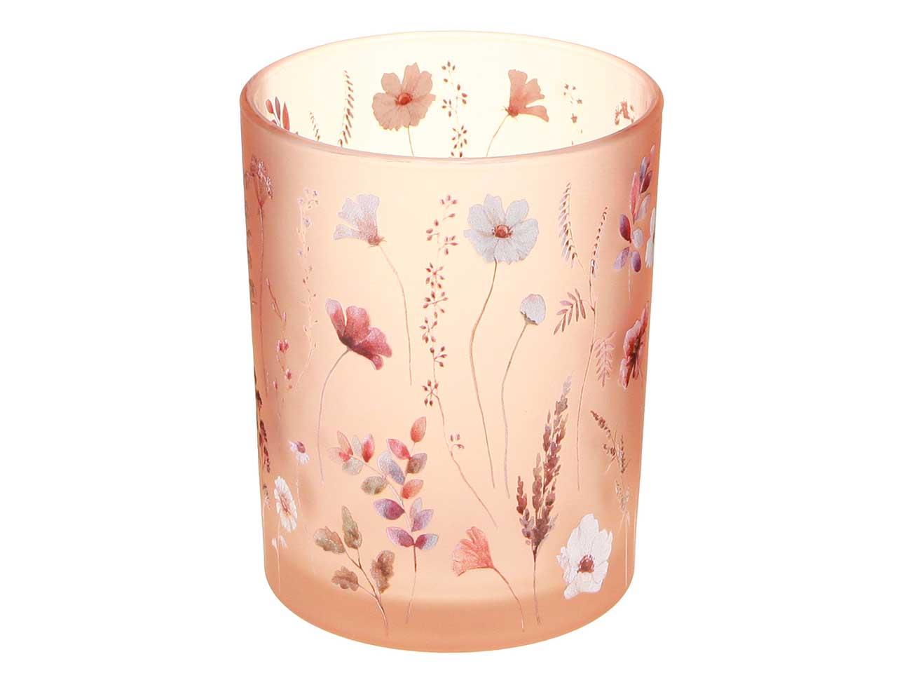 Windlicht m. Blumendeko Glas apricot D12cm H18cm