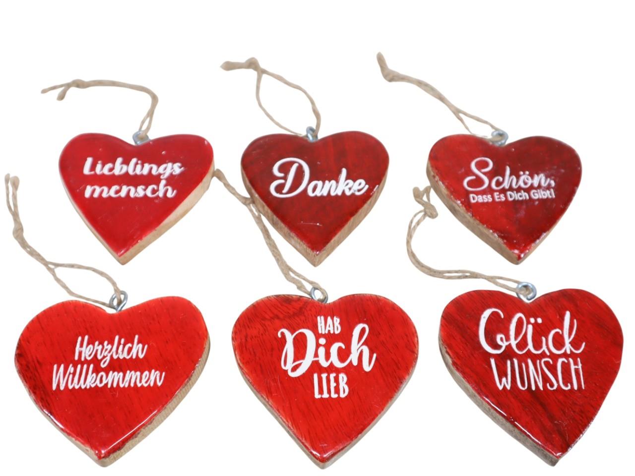 Herz hängend an Juteschnur m. Schrift sortiert Holz rot 8cm