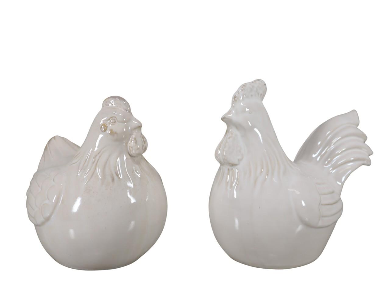 Hahn und Henne Keramik glasiert creme  D21x13cm