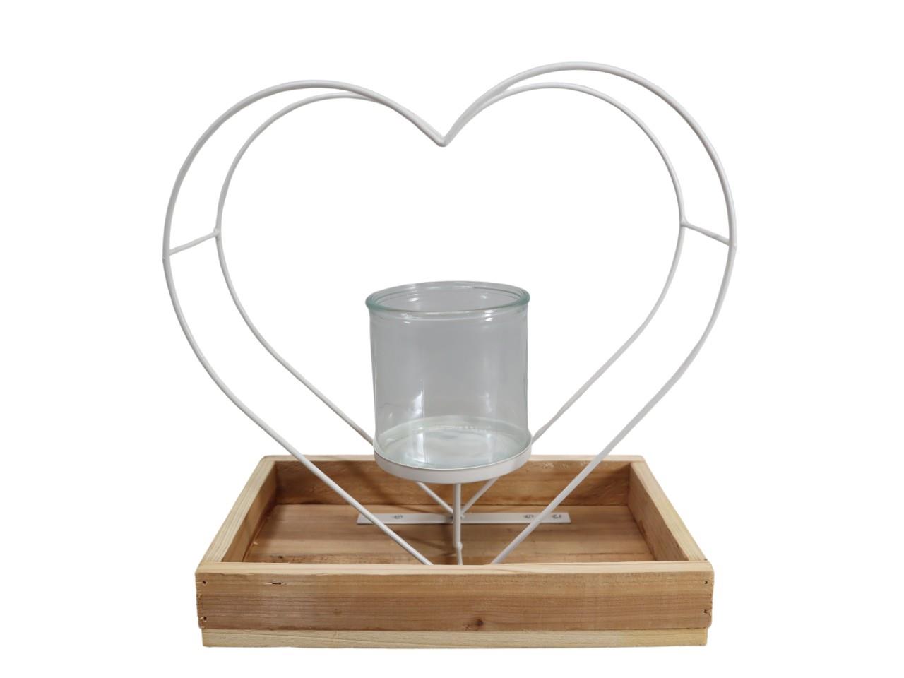 Herz m. Glaswindlicht Metall creme auf Holztablett D30cm
