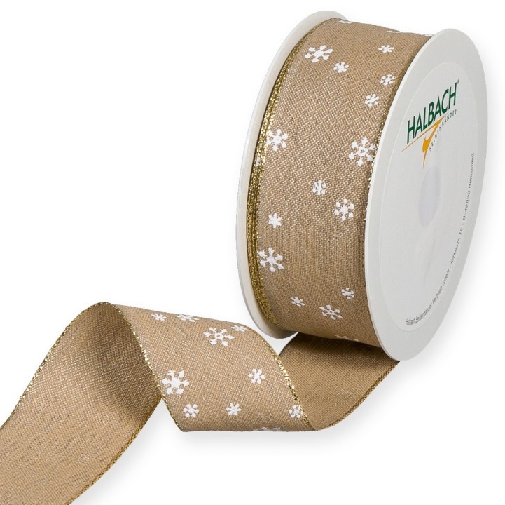 Leinen-Band Schneesterchen 40 mm 15 m cappu./weiss/gold 783