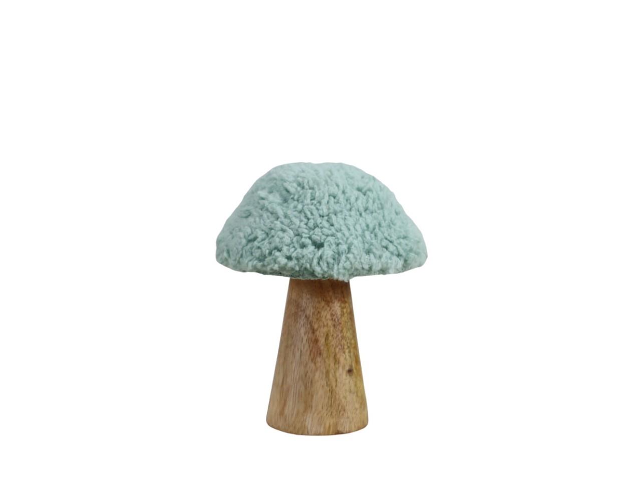Pilz Holz natur m. Teddyfellhut softgrün H12cm