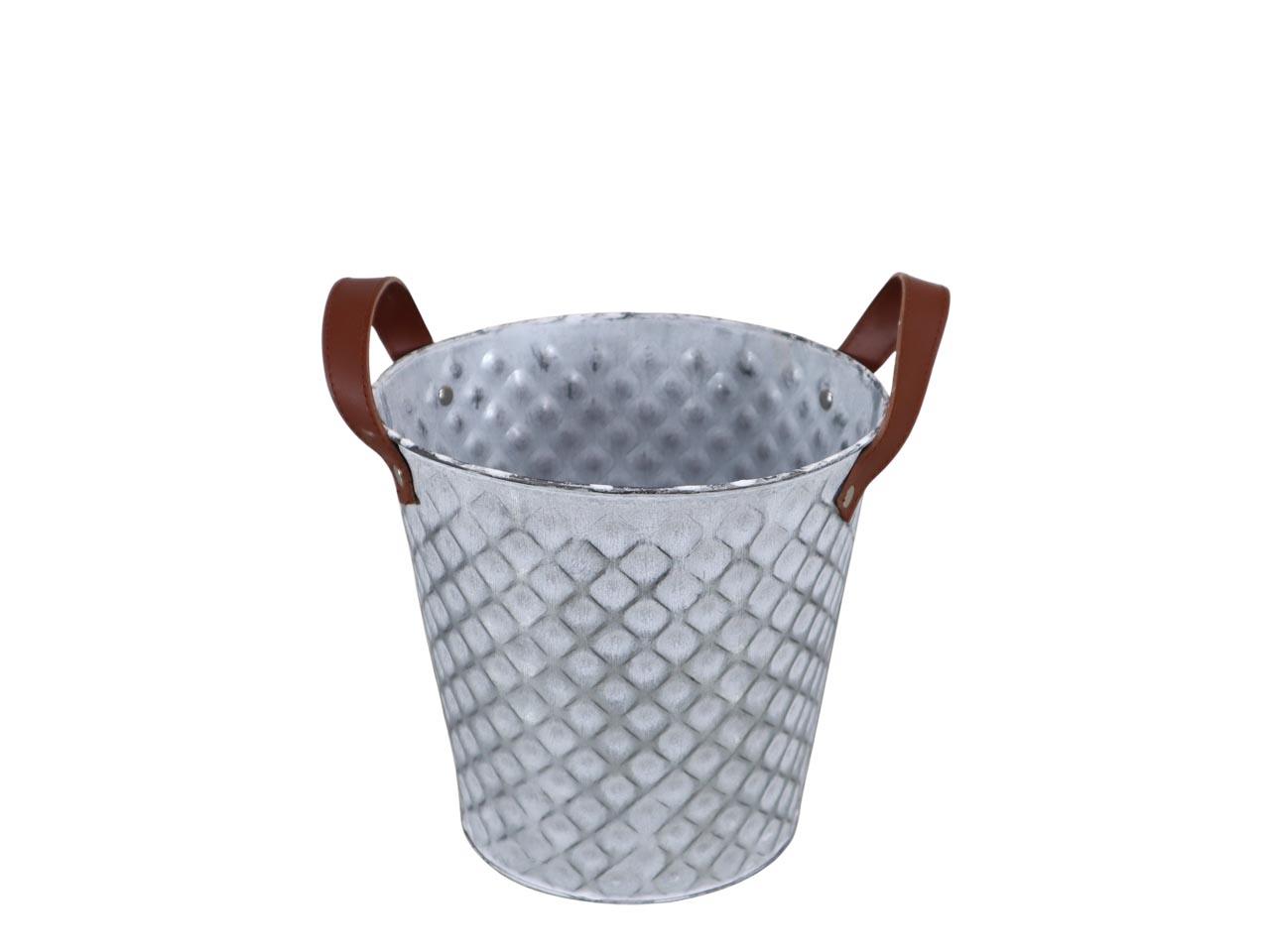 Übertopf Raute Metall m. Lederhenkel white-washed D25cm