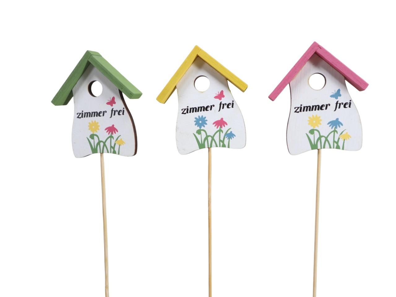 Stecker Vogelhaus "Zimmer frei" Holzfarbmix D7x6cm + Pin
