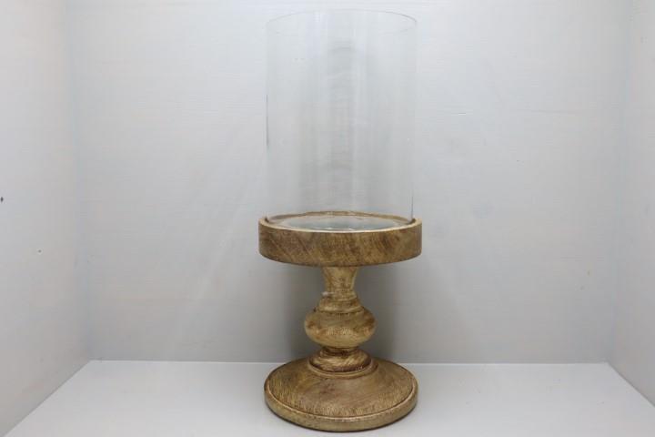 Windlichtglas klar auf Holzfuß natur H45xD22cm