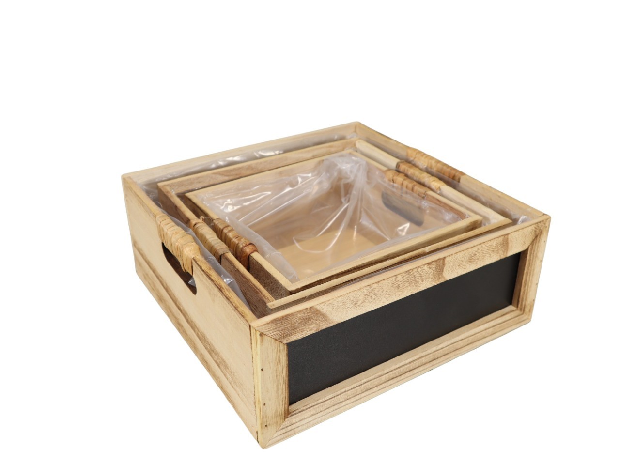 Holzkiste mit Kreidetafel viereck Set/3 Holz natur D30cm
