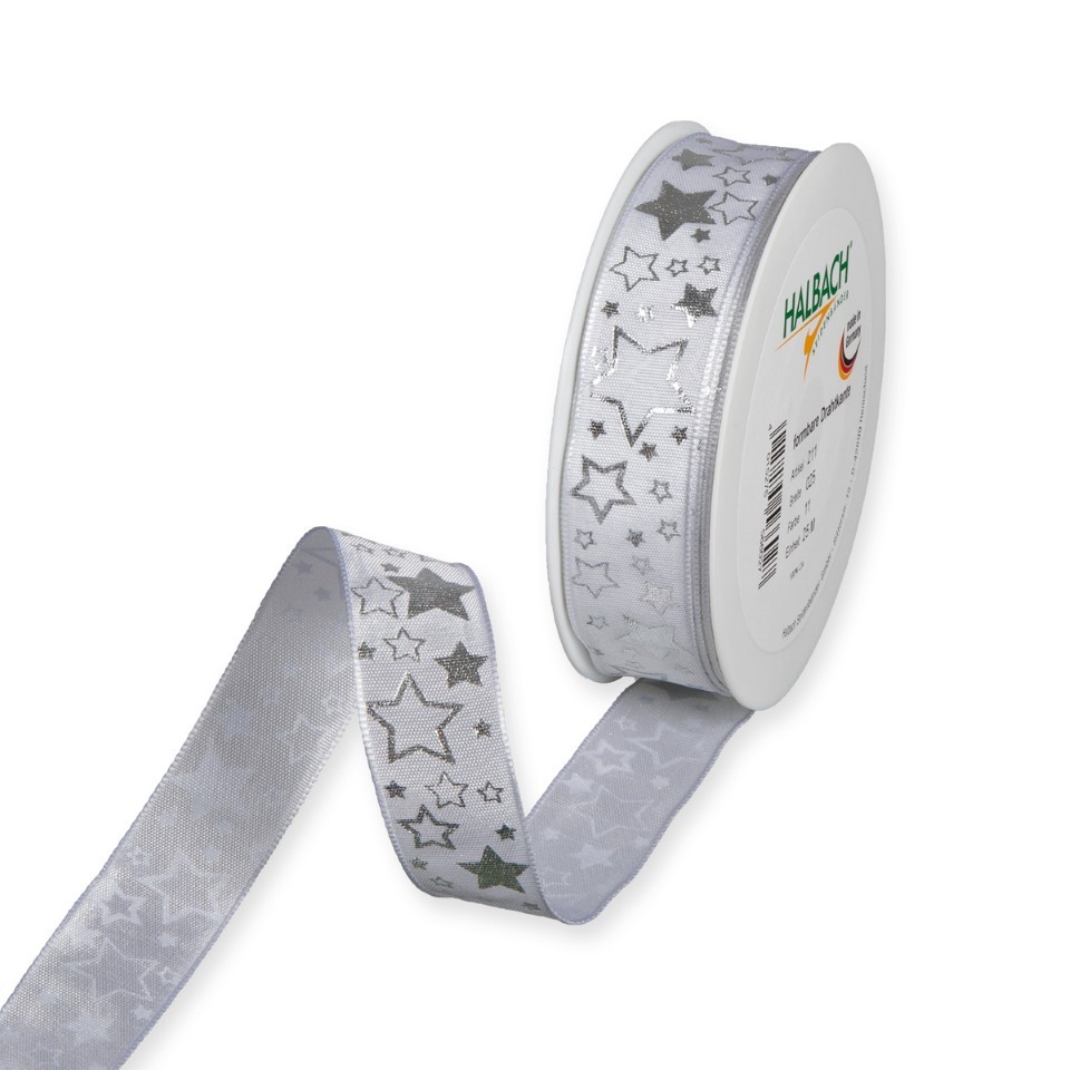 Druckband Sterne 25 mm 25 Meter weiss/silber 11