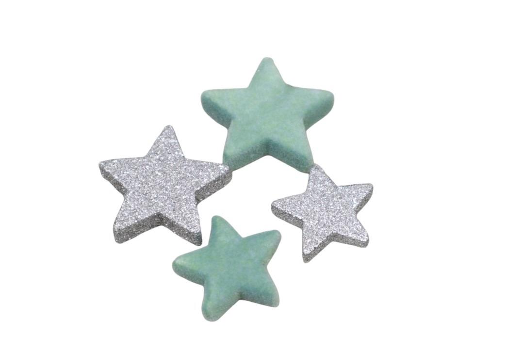 Streuer Sterne Glitter silber und beflockt mint sort. D5+4cm