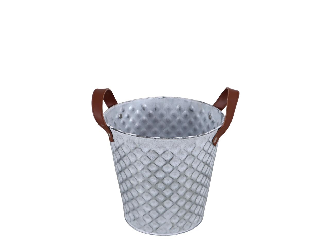Übertopf Raute Metall m. Lederhenkel white-washed D22cm