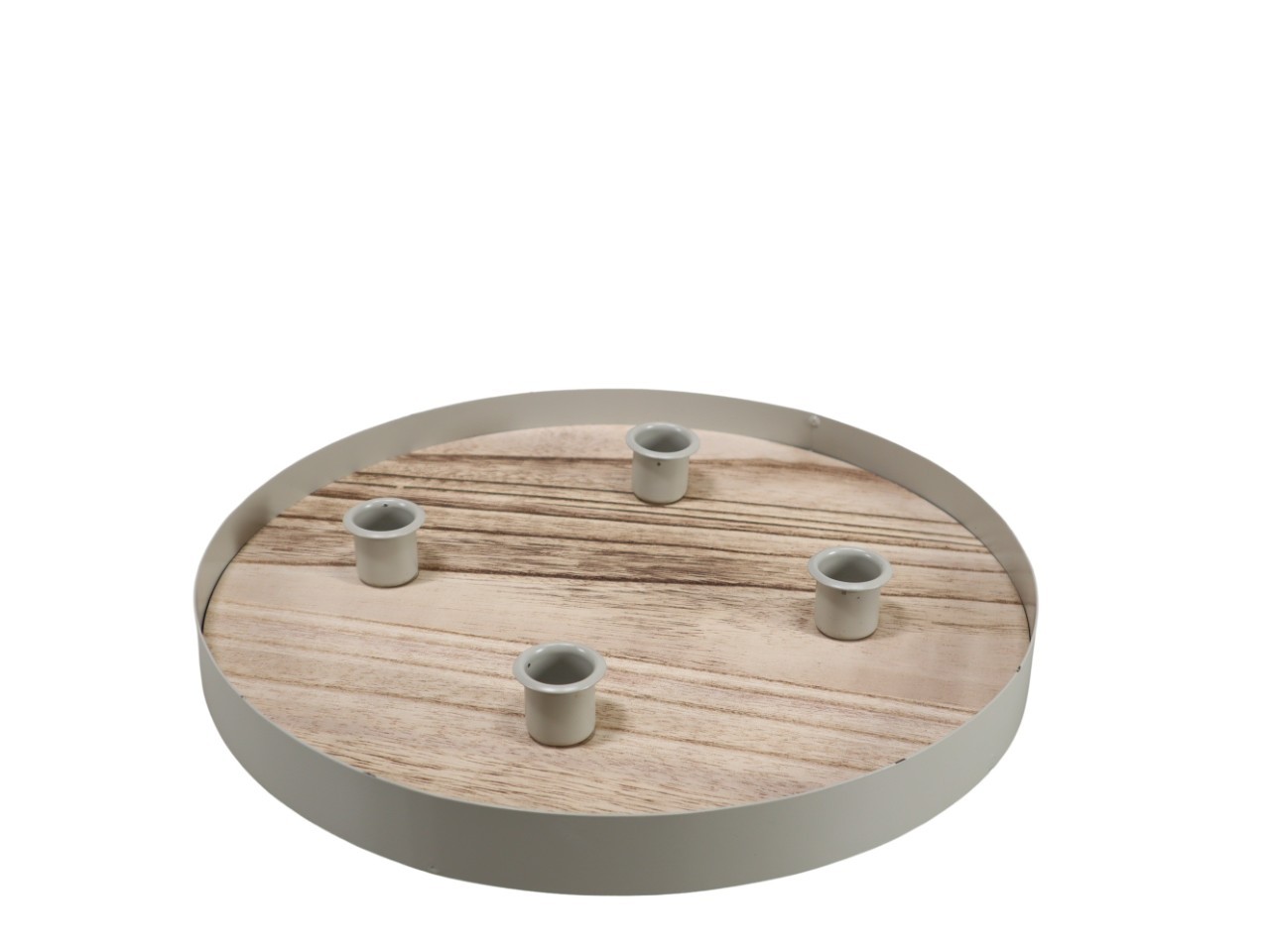 Teller mit 4 Stabkerzenhalter Metall creme + Holzboden D30cm