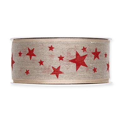 Leinen-Druckband Sterne 40 mm 15 Meter natur/red 65