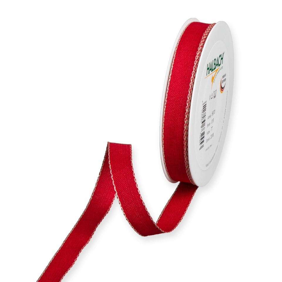 Band m. Leinenkante 15 mm 20 Meter red/linen 77