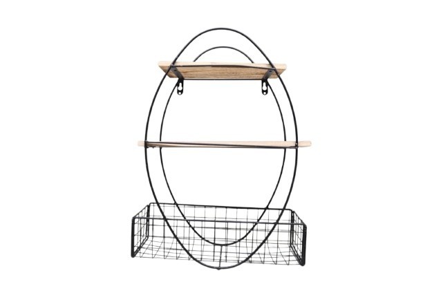 Wandregal oval m. Gitterkorb Metall schwarz/Holz H50cm NETTO