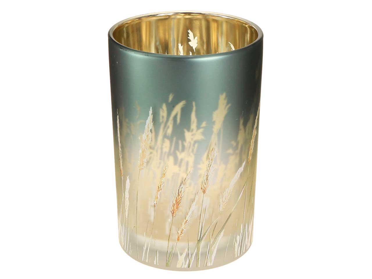 Windlicht m. Motiv Gräser Glas grau-petrol D18cm H24cm