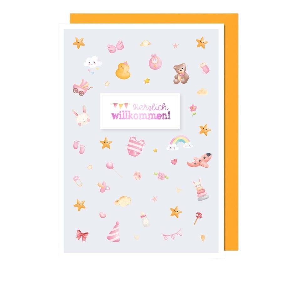 Karte Herzl. Willkommen (Baby) 12x17 cm mit Kuvert