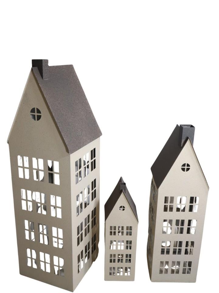Haus Windlicht Metall Set/3 creme+braun-antik H155cm