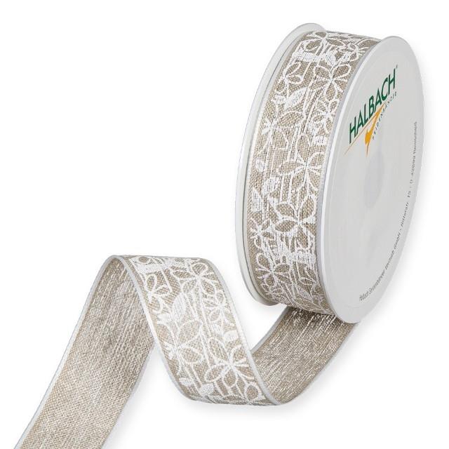 Leinen-Druckband Blumen 25 mm 12 Meter natural/white 11