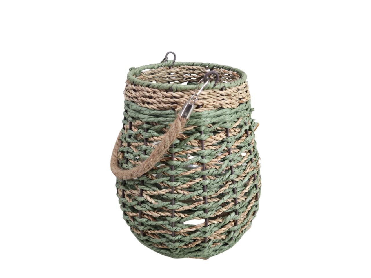 Windlicht m. Seilhenkel Seegras inkl. Glas grün-natur H27cm