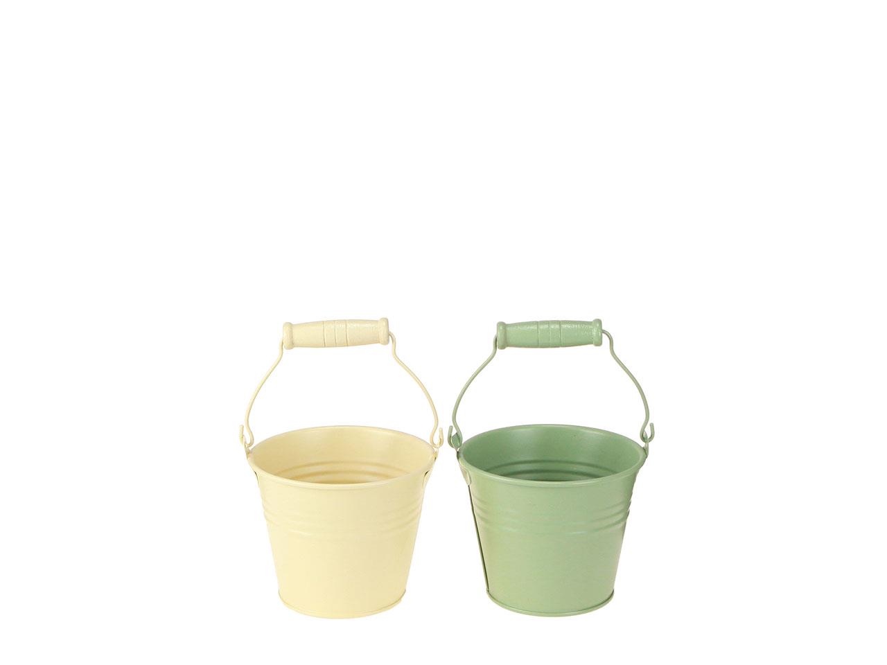 Übertopf m. Holzgriff Metall vanille-grün D10cm