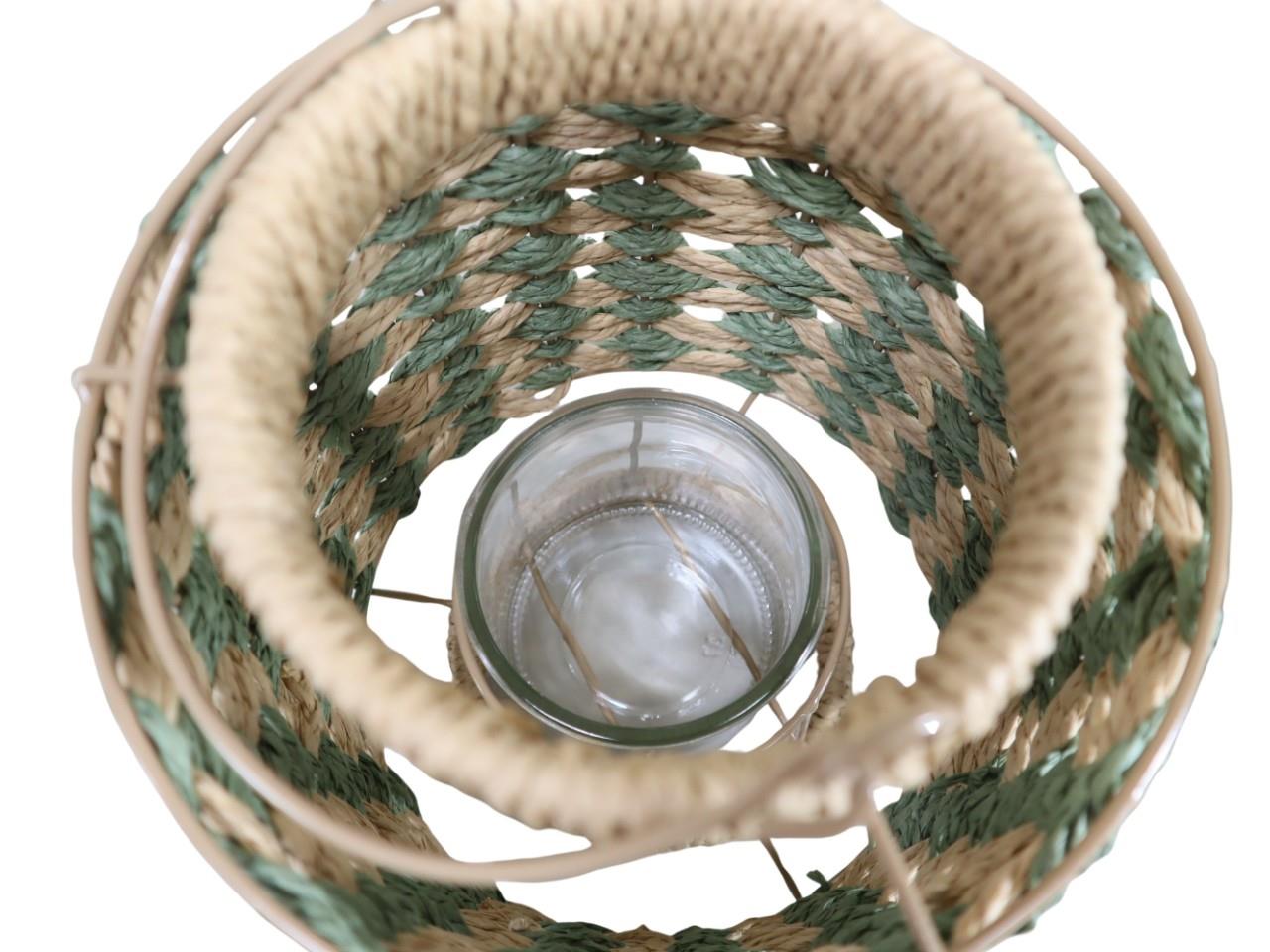 Windlicht m. Henkel Seegras inkl. Glas grün-natur H28cm