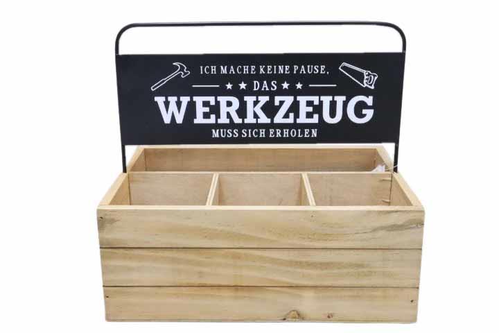 Werkzeugkiste Holz m. Metallschild 26x18cm H23cm