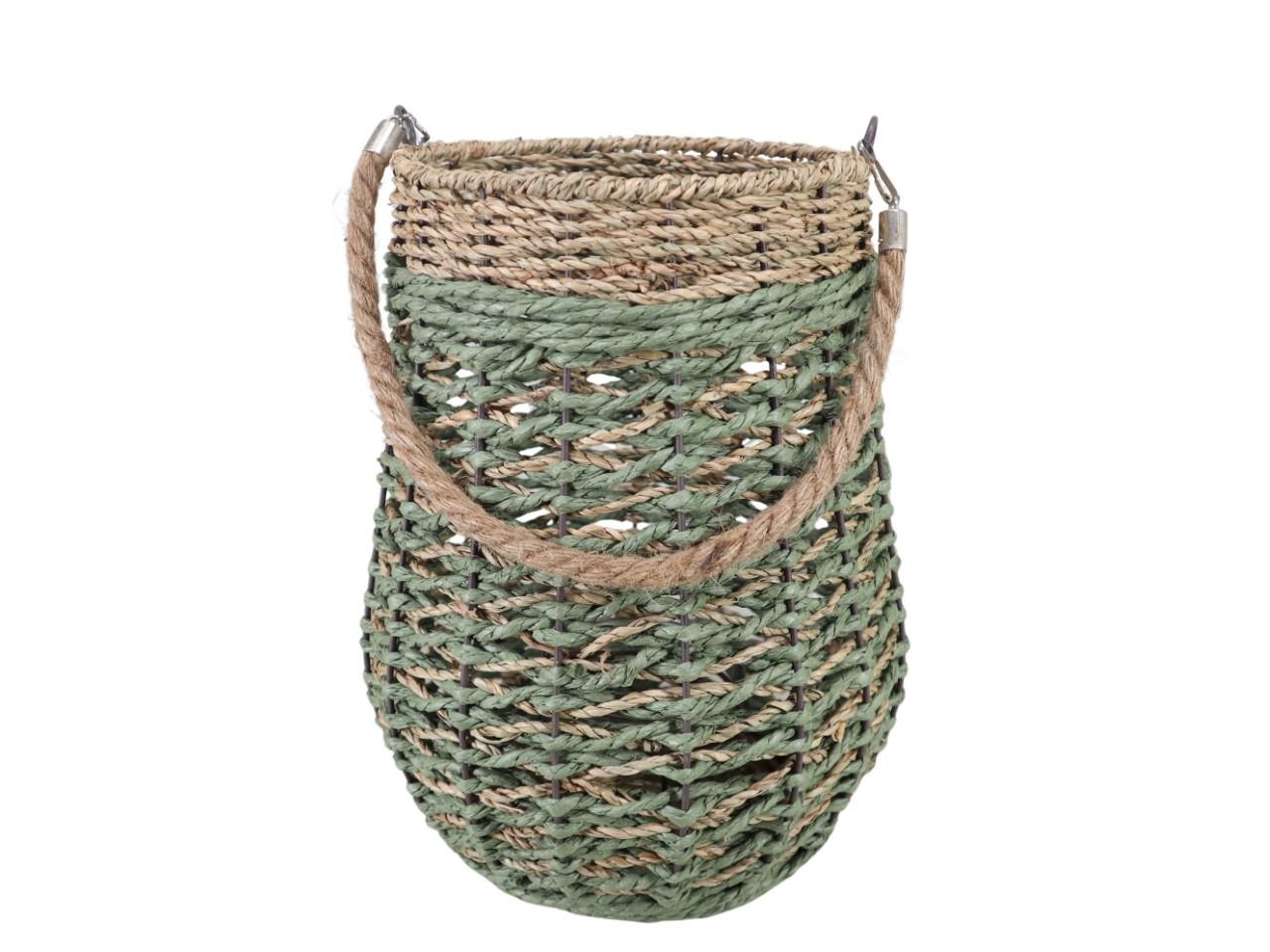 Windlicht m. Seilhenkel Seegras inkl. Glas grün-natur H35cm