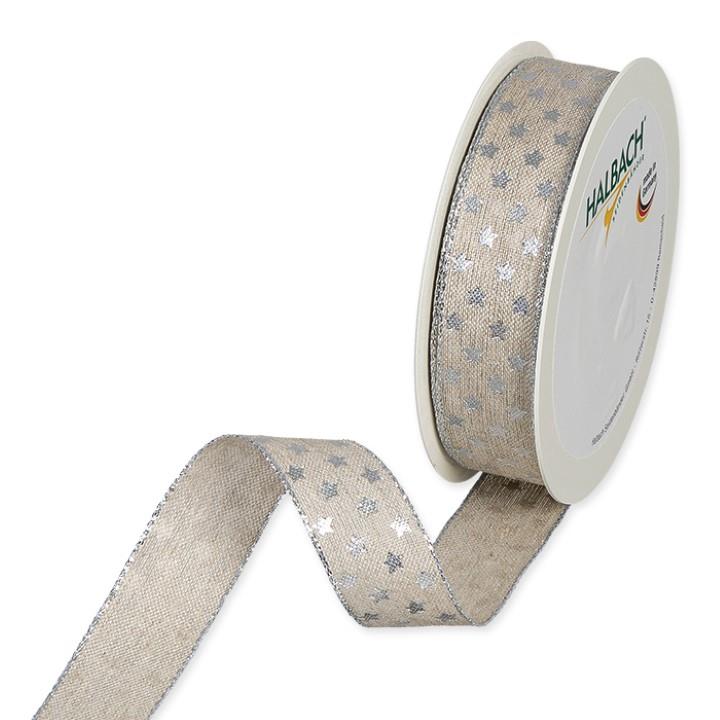 Leinen-Druckband Sterne 25 mm 15 Meter silber 211