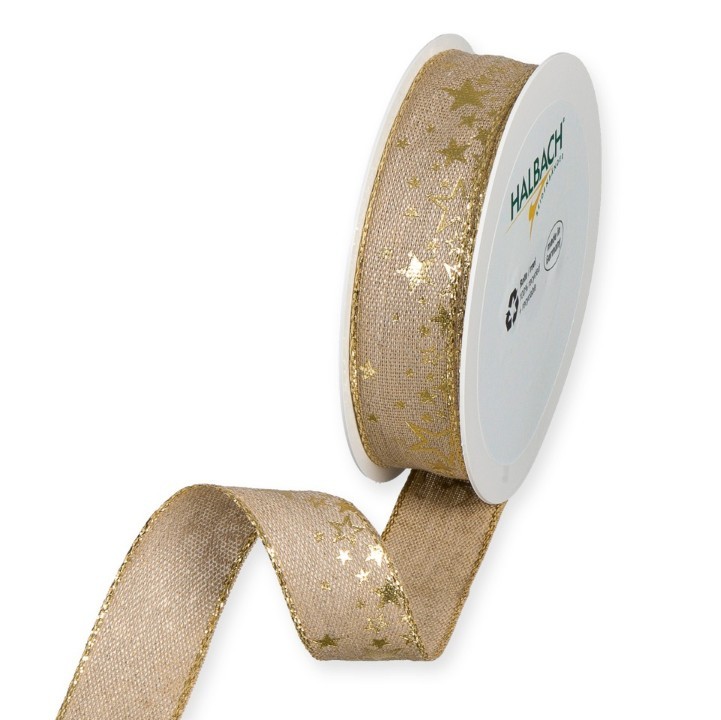 Leinen-Druckband Sterne 25 mm 15 Meter cappuccino/gold 783