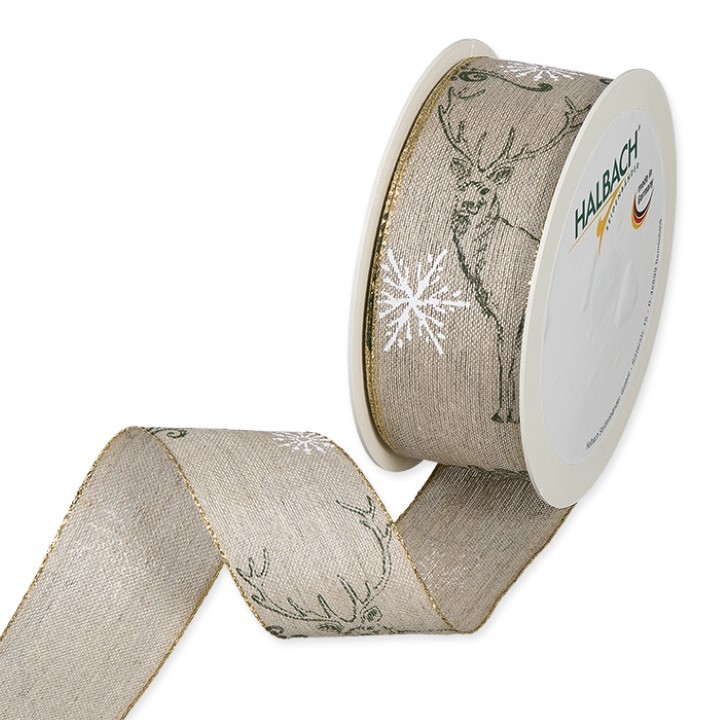 Leinen-Druckband Hirsche 40 mm 15 Meter green/white/gold 30