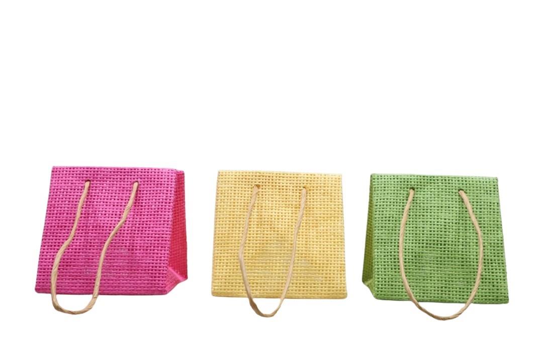 Jutetasche m. H. wasserfest pink, grün, gelb D10,5x10,5cm