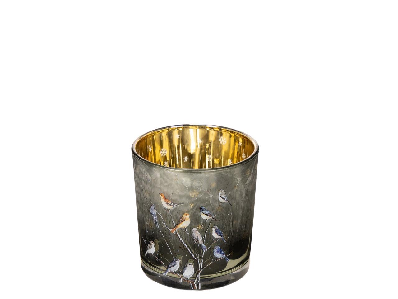 Windlicht "Vogelversammlung" Glas weiß-natur D7,3xH8cm